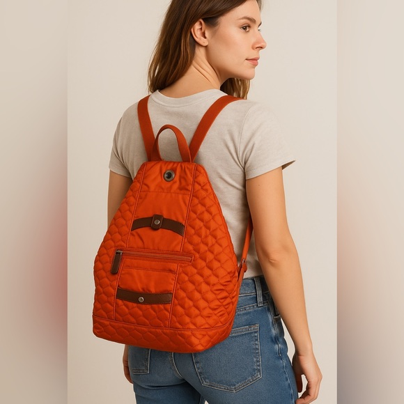 mosey Handbags - 🎒 Mosey/ Vera Bradley Quilted Nylon Backpack Orange Rust with Brown Leather Trim